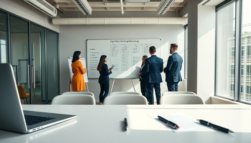 A high-angle shot of a modern office workspace, with a clean and minimalist aesthetic. In the foreground, a sleek desk with a laptop, pen, and a few neatly arranged documents. The middle ground features a group of employees in business attire, engaged in a collaborative discussion, with a whiteboard displaying a ranking methodology in the background. The lighting is bright and natural, creating a sense of professionalism and efficiency. The overall atmosphere conveys a methodical, data-driven approach to evaluating and ranking the best companies to work for in Singapore.