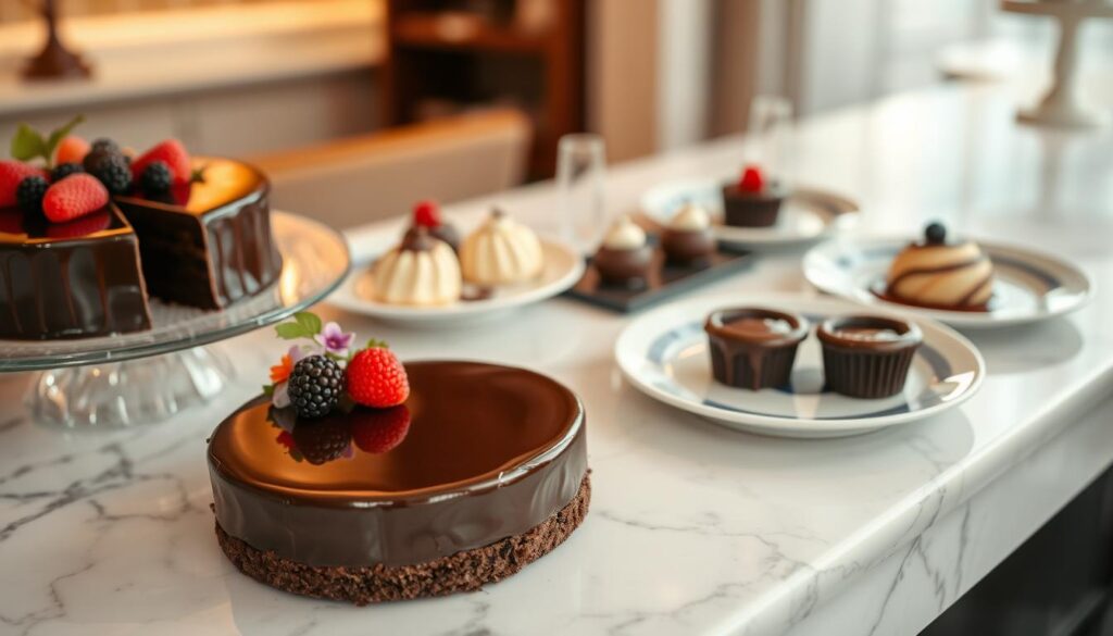A high-angle shot of an elegant dessert display on a marble counter, featuring an assortment of signature chocolate desserts. In the foreground, a rich chocolate torte with a glistening mirror glaze, garnished with fresh berries and edible flowers. In the middle ground, delicate chocolate-dipped profiteroles and decadent chocolate lava cakes, each plated with precision. The background is softly lit, with a warm, inviting atmosphere, highlighting the artistry and craftsmanship of these sumptuous chocolate creations. The lighting is soft and diffused, creating a sense of luxury and indulgence. The composition is balanced and visually appealing, showcasing the irresistible allure of these signature chocolate desserts.