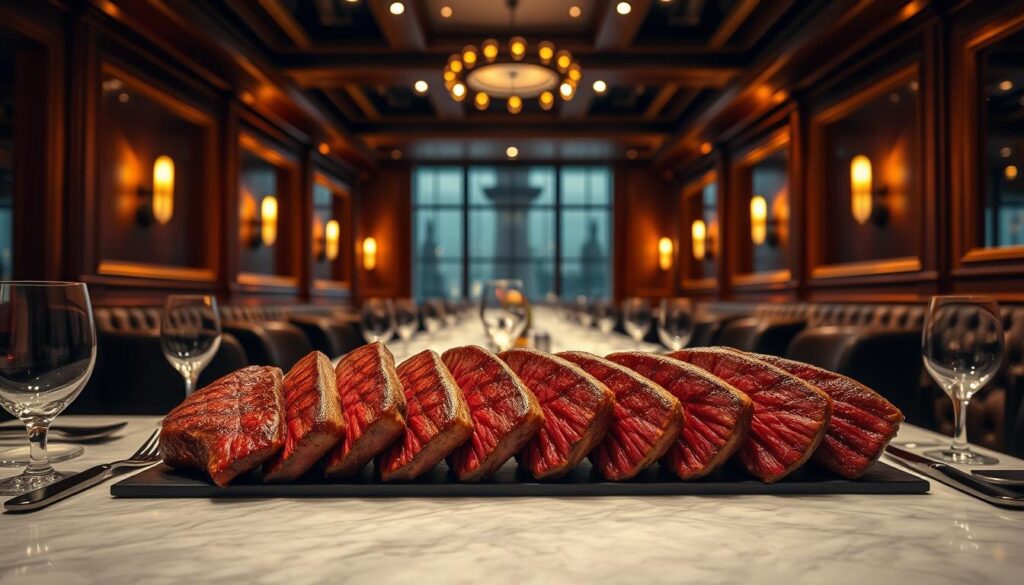 A high-end restaurant interior with sophisticated lighting and elegant decor. The focal point is a row of lush, juicy steaks prominently displayed on a marble table, surrounded by polished silverware and fine glassware. In the background, dimly lit wooden paneling and plush leather seating create an upscale, intimate ambiance. Warm, golden hues from strategically placed spotlights cast a inviting glow, drawing the viewer's attention to the mouthwatering centerpiece. The overall composition evokes a sense of refined dining experience catering to discerning steak connoisseurs.