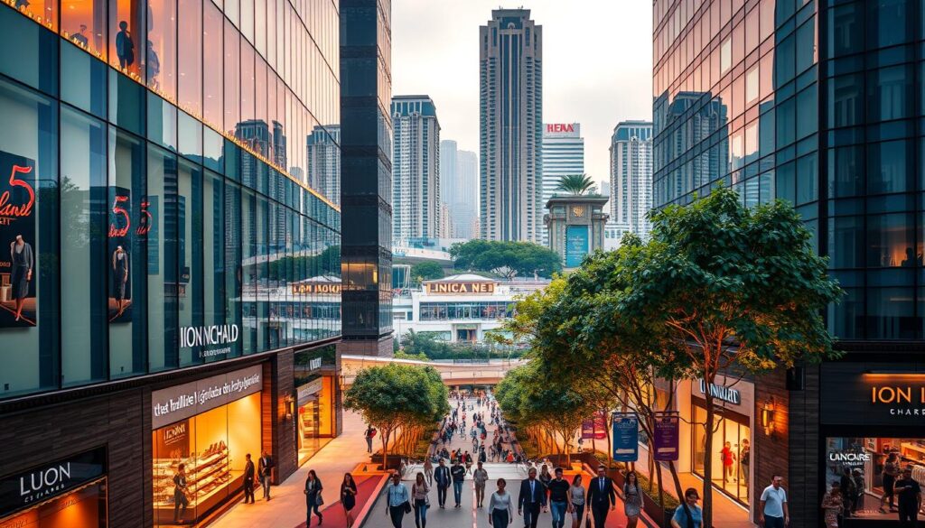 A high-end shopping mall facade, Ion Orchard, stands tall and gleaming, its glass and steel structure reflecting the vibrant Orchard Road scene. In the foreground, luxury brand storefronts showcase their exquisite merchandise, inviting passersby to indulge in a premium shopping experience. The middle ground captures the bustling pedestrian traffic, with well-dressed shoppers strolling leisurely along the wide, tree-lined walkways. The background is a panoramic view of the surrounding high-rise buildings, creating a sense of urban sophistication. Warm, golden lighting illuminates the scene, casting a luxurious ambiance over the entire composition. The image conveys a sense of exclusivity, elegance, and the high-end retail experiences that Ion Orchard is renowned for.