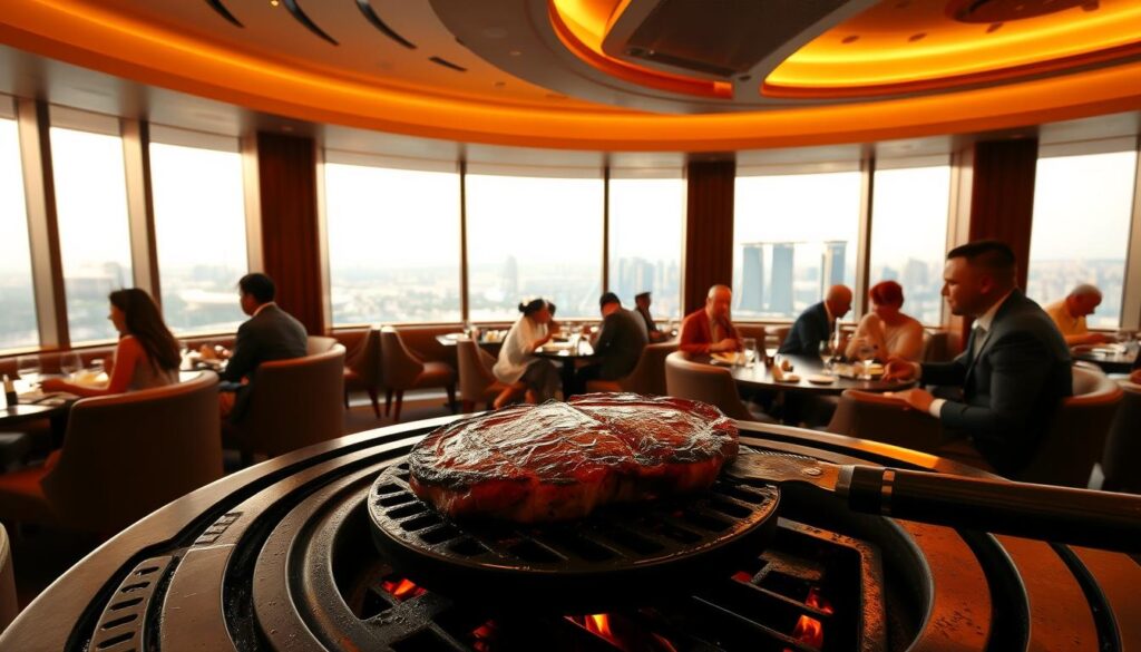 A high-end steakhouse with panoramic views of a bustling cityscape. The interior is bathed in warm, golden lighting, creating a cozy and intimate atmosphere. Large windows offer sweeping vistas of the skyline, with the Singapore Flyer and Marina Bay Sands visible in the distance. Plush leather seating and dark wood accents adorn the space, exuding an air of sophistication. In the foreground, a well-marbled steak sizzles on a cast-iron grill, its aroma filling the air. Patrons savor their meals, engaged in animated conversation, while outside, the city glitters in the evening light.