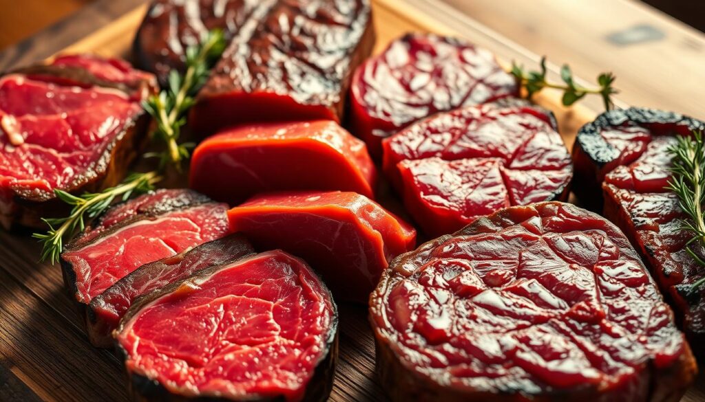A high-quality close-up shot of prime beef cuts, meticulously arranged on a rustic wooden surface. The succulent steaks, ranging from tender filet mignon to flavorful ribeye, are bathed in warm, directional lighting that accentuates their vibrant red hues and marbled texture. The image captures the premium quality and attention to detail that define the best steaks in Singapore, evoking a sense of culinary excellence and indulgence. The overall mood is one of sophistication, inviting the viewer to savor the exceptional meat and imagine the delectable dining experience it can provide.