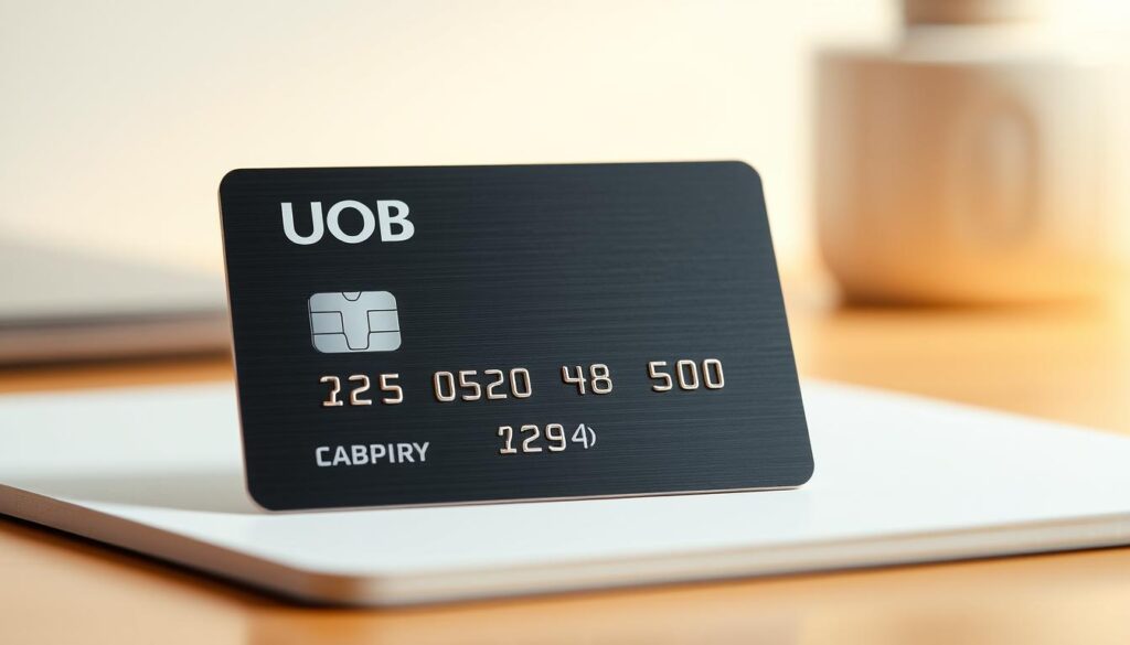 A high-quality, detailed close-up photograph of the UOB One Account debit card, capturing its sleek and modern design. The card is placed on a minimalist desk surface, perhaps a wooden table or a plain background, showcasing its clean lines and metallic finish. The lighting is soft and diffused, creating a warm, inviting atmosphere. The image is framed in a way that emphasizes the card's key features, such as the UOB logo, the card number, and any other relevant details that would be of interest to the reader. The overall composition is balanced and visually appealing, drawing the viewer's attention to the subject matter.