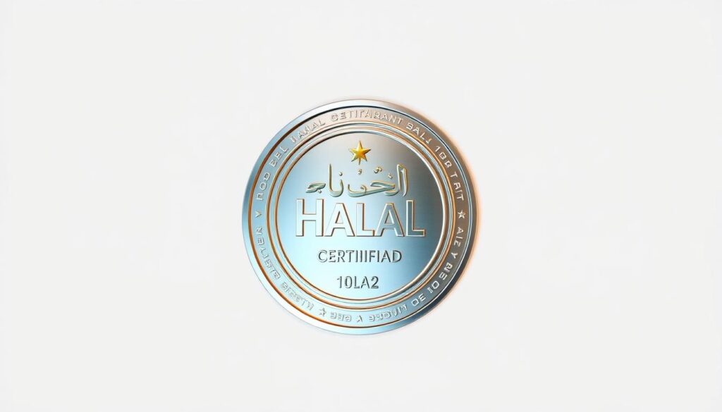 A high-quality, modern halal certification emblem placed prominently against a clean, minimalist background. The emblem should be rendered in intricate detail, with precise linework and a glossy, metallic finish that reflects the light. The background should be a soft, neutral tone, allowing the certification emblem to stand out and command attention. The overall composition should convey a sense of trust, quality, and authenticity - crucial elements for a halal certification seal that customers in Singapore would expect to see in a restaurant setting.