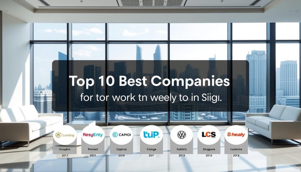A high-quality photographic image of the "Top 10 Best Companies to Work for in Singapore" with a crisp, well-lit composition. The scene shows a sleek, modern office interior with large windows, minimalist furniture, and clean, professional aesthetics. In the foreground, a minimalist infographic displays the company logos and rankings of the top 10 employers, rendered in a sophisticated color palette. The background features a panoramic view of the Singapore skyline, with iconic skyscrapers and landmarks visible through the windows. The lighting is natural and diffused, creating a bright, airy atmosphere. The camera angle is slightly elevated, giving the viewer a sense of authority and oversight over the scene.