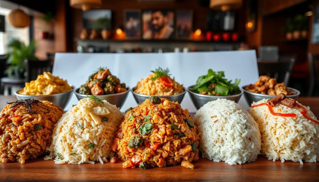 A high-quality, professional-grade photograph of a side-by-side comparison of the unique flavor profiles of several popular Nasi Padang dishes. In the foreground, meticulously arranged samples of different Nasi Padang offerings, each highlighted by natural lighting and clear focus, allowing the viewer to closely examine the distinct spices, herbs, and textures. In the middle ground, a neutral backdrop showcases the diversity of the Nasi Padang culinary tradition, while the background subtly suggests an authentic Nasi Padang restaurant setting, with warm, inviting tones and hints of traditional decor. The overall composition and lighting create an immersive, appetizing atmosphere that invites the viewer to explore and appreciate the nuanced flavors of Nasi Padang.