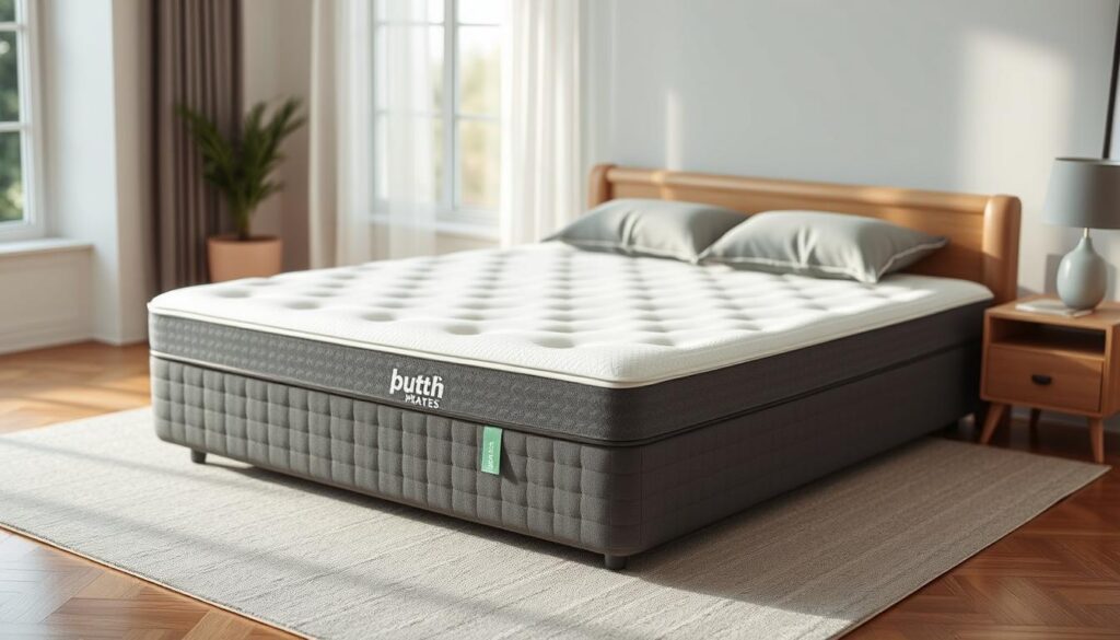 A high-quality supportive mattress with plush memory foam top, designed to evenly distribute body weight and relieve pressure points. The mattress is showcased in a well-lit, modern bedroom setting, with soft, natural lighting flooding through large windows. The mattress has a pristine, inviting appearance, beckoning the viewer to experience its luxurious comfort. The background is minimalist, with neutral-toned walls and hardwood flooring, allowing the mattress to be the focal point. The overall atmosphere conveys a sense of relaxation, comfort and restorative sleep.