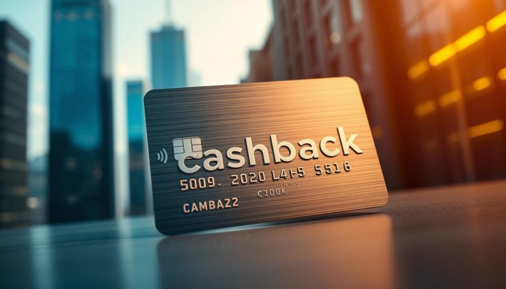 A high-quality, wide-angle shot of a sleek, metallic credit card with a prominent "cashback" logo prominently displayed on its surface. The card is set against a blurred background featuring skyscrapers and other urban architecture, conveying a sense of financial security and modern city life. Warm, diffused lighting illuminates the card, creating a polished, premium aesthetic. The composition emphasizes the card's form, texture, and the cashback feature, highlighting its key benefits for the user.