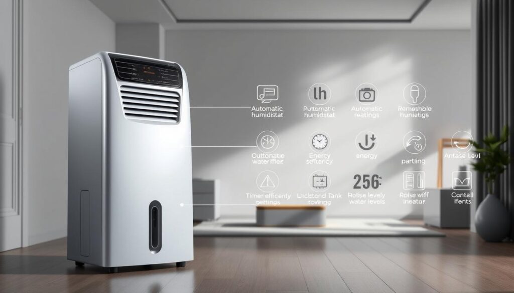 A highly detailed, technical illustration of key features for modern dehumidifiers. Prominently display a large, sleek dehumidifier unit in the foreground, showcasing its intuitive digital controls, air intake vents, and removable water tank. In the middle ground, highlight additional important features like automatic humidistat, timer settings, energy efficiency ratings, and noise level indicators. In the background, incorporate a clean, minimalist interior design setting to emphasize the dehumidifier's contemporary, household-friendly aesthetic. Utilize dramatic, directional lighting to accentuate the dehumidifier's modern, streamlined form and technical details. Render this scene with a high degree of photorealism and attention to technical precision.