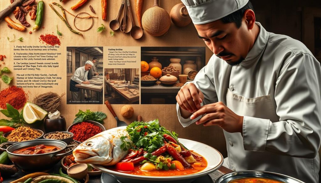 A historical scene of the evolution of Singapore's iconic fish head curry, set against a backdrop of vibrant spices and traditional cooking utensils. In the foreground, a skilled chef meticulously prepares the dish, carefully selecting and arranging the fresh fish head, aromatic herbs, and rich coconut-based curry. The middle ground showcases the diverse cultural influences that have shaped this beloved culinary tradition, with glimpses of colonial-era kitchens and lively hawker stalls. In the background, a warm, muted lighting creates a nostalgic atmosphere, hinting at the centuries-old origins of this quintessential Singaporean delicacy.