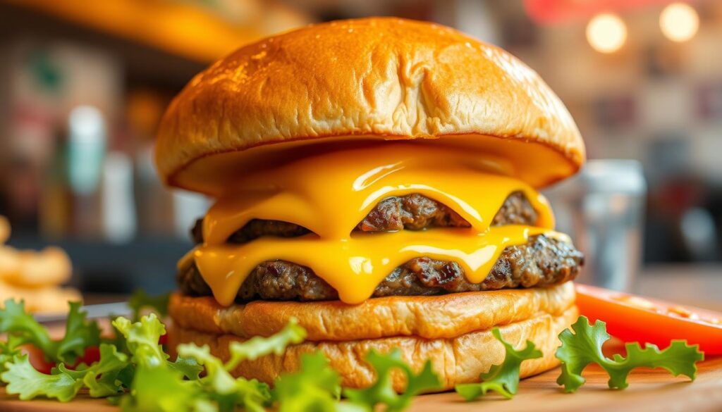A juicy, glistening cheeseburger set against a soft, buttery brioche bun, its melted cheddar cheese oozing with every bite. The patty sizzles under a warm, golden glow, as if fresh off the griddle. In the foreground, a sprinkling of crisp lettuce and ripe tomato slices add a vibrant contrast. The middle ground features a backdrop of blurred, indistinct diner-style decor, hinting at the cozy, casual atmosphere. The overall mood is one of pure, unadulterated cheeseburger bliss, captured through a wide-angle lens with a shallow depth of field, drawing the viewer's eye directly to the star of the show.