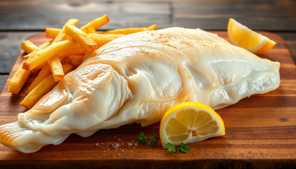 A large, freshly caught British cod fillet, its flaky white flesh glistening under bright studio lighting. The fish is presented on a rustic wooden cutting board, accompanied by crisp golden-brown chips (french fries) arranged neatly alongside. A sprinkle of sea salt and a wedge of lemon add the finishing touches, evoking the quintessential flavors of authentic British fish and chips. The composition is captured from a low, angled perspective, emphasizing the hearty, substantial nature of this classic dish. The overall mood is one of homely comfort and traditional culinary excellence.