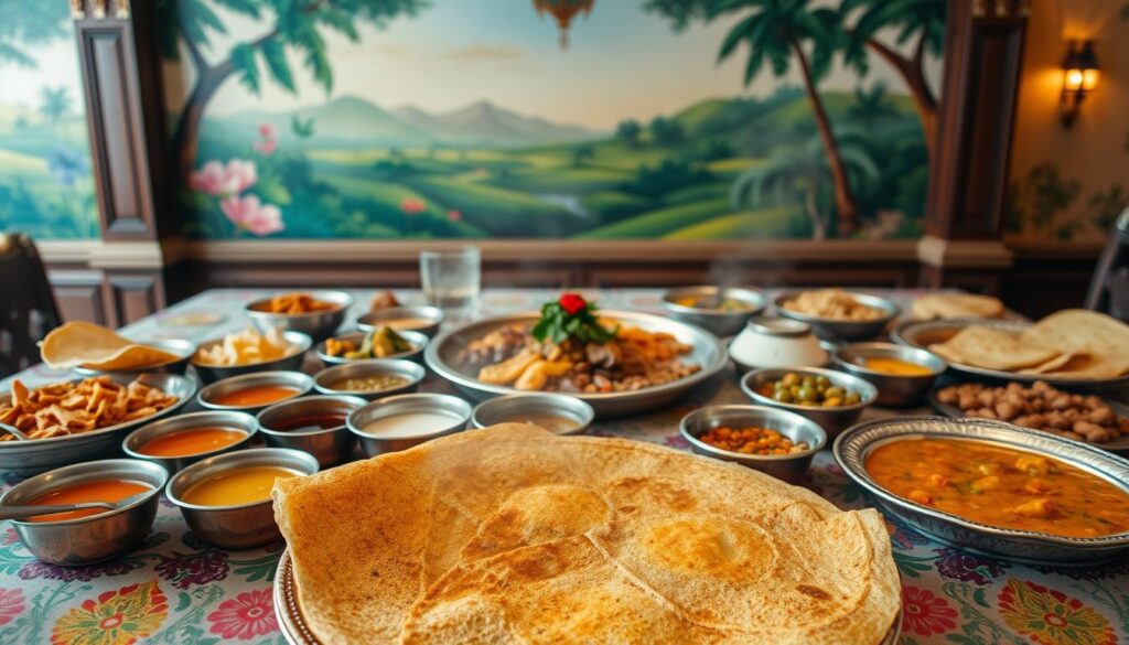 A large, ornately decorated table set with a spread of authentic Indian vegetarian dishes. In the foreground, a steaming, golden-brown dosa takes center stage, accompanied by an array of colorful chutneys and sambar in traditional copper bowls. The middle ground features assorted thali plates filled with fragrant curries, lentils, and freshly made breads. In the background, a vibrant mural depicting a lush, tropical landscape sets the scene. Soft, diffused lighting casts a warm, inviting glow over the entire composition, evoking the ambiance of a beloved South Indian eatery.