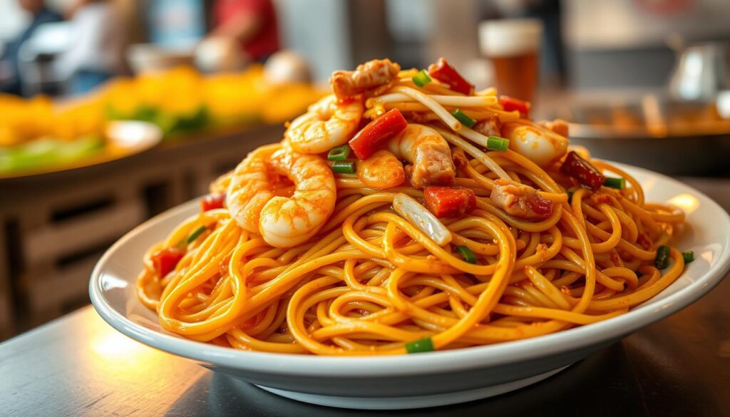 A large plate of freshly fried Hokkien mee noodles, glistening with a savory sauce and topped with plump shrimp, sliced pork, and crunchy bean sprouts. The noodles are perfectly al dente, with a delightful chew, arranged in an artful, tangled display. The scene is illuminated by warm, golden lighting, casting a cozy, inviting atmosphere. The plate is set against a blurred background, allowing the noodle dish to take center stage and showcase its mouthwatering details. This image captures the essence of a quintessential Hokkien mee, the beloved hawker fare that has made Singapore's food scene renowned worldwide.