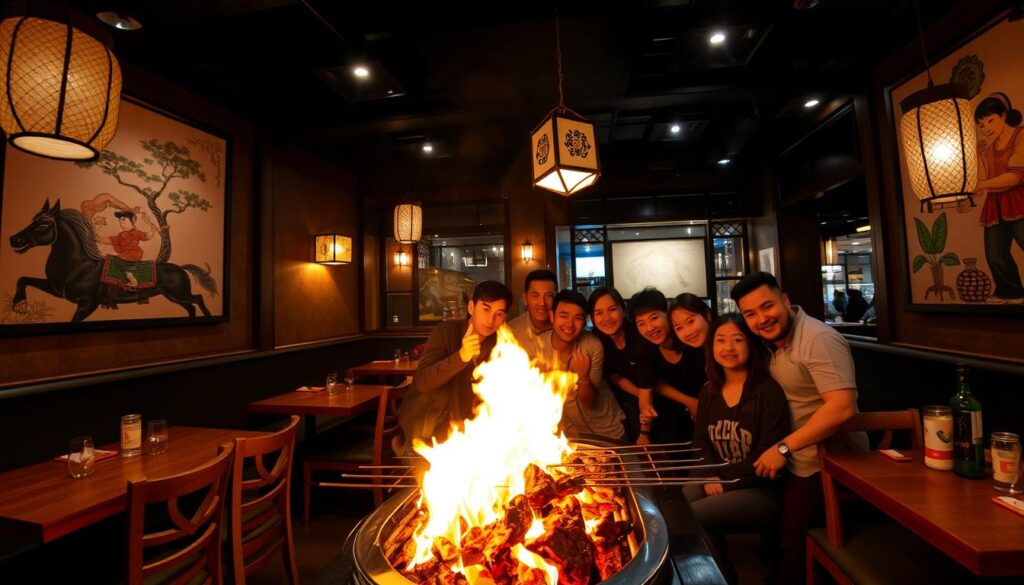 A late-night dining experience at Super Star K, a cozy Korean BBQ restaurant in Singapore. The dimly lit interior is filled with the tantalizing aroma of sizzling meats and savory spices. In the foreground, a group of friends gather around a blazing grill, their faces illuminated by the warm glow of the flames. The middle ground features wooden tables and chairs, with intricate Korean artwork and hanging lanterns adding to the authentic ambiance. In the background, the soft lighting casts a gentle, intimate atmosphere, inviting guests to linger and savor the flavors of the night. The scene is captured with a wide-angle lens, creating a sense of depth and immersion. Overall, the image conveys the lively and communal nature of a late-night Korean BBQ experience.