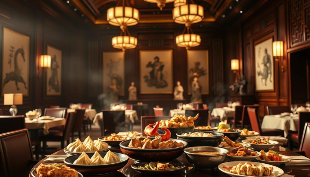 A lavish Teochew dining experience unfolds in an elegant, dimly-lit dining hall. Rich mahogany furnishings and intricate Asian-inspired decor set the stage. In the foreground, a carefully curated selection of Teochew delicacies adorns the table - steaming dumplings, fragrant broths, and delicate seafood dishes. Soft, warm lighting casts a golden glow, creating an atmosphere of refined sophistication. In the background, traditional Teochew artwork and sculptures line the walls, transporting diners to a bygone era. The scene exudes an air of timeless tradition and culinary excellence, inviting guests to savor the authentic flavors of Teochew cuisine in a luxurious, immersive setting.