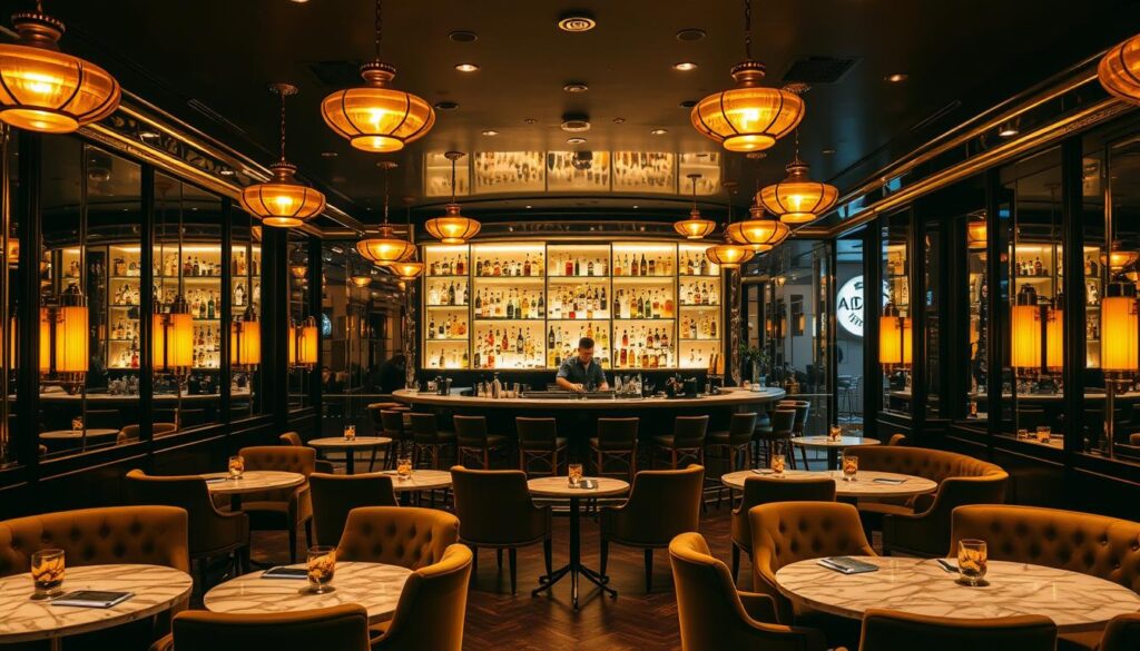 A lavish art deco gin bar in the heart of Singapore, with a grand entrance adorned in gleaming chrome and polished brass. The interior is bathed in a warm, amber glow from vintage pendant lights, casting a sophisticated ambiance. Plush velvet armchairs and marble-topped tables fill the central space, while mirrored walls and art deco-inspired sconces create an illusion of depth. In the background, a backlit glass display showcases a stunning array of rare and premium gin bottles. The bar itself is a striking centerpiece, with a curved counter and a talented mixologist skillfully crafting bespoke cocktails. This opulent establishment exudes a sense of timeless elegance and refined indulgence.