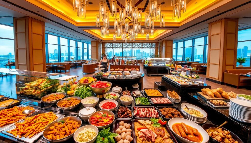A lavish buffet at the Shangri-La Hotel, Singapore, with a vibrant and welcoming atmosphere. In the foreground, an elegant spread of international cuisines - sizzling stir-fries, fragrant curries, freshly carved meats, and an array of colorful salads and sides. In the middle ground, neatly arranged dessert stations offering decadent cakes, pastries, and seasonal fruits. The background features a spacious dining area with warm lighting, plush seating, and sweeping views of the city skyline through floor-to-ceiling windows. The scene evokes a sense of global culinary exploration and indulgence, inviting diners to embark on a flavorful journey.