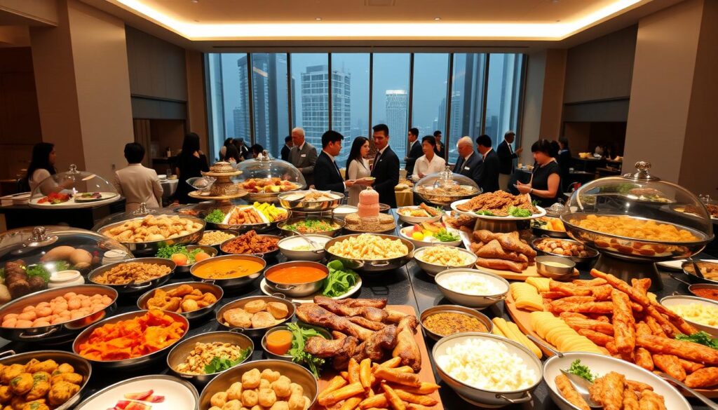 A lavish buffet spread unfolds in a modern, airy dining hall. The foreground features an array of mouthwatering international delicacies, from aromatic curries and sizzling grilled meats to decadent desserts. Soft, diffused lighting illuminates the scene, creating a warm, inviting ambiance. In the middle ground, well-dressed patrons mingle and sample the diverse culinary offerings, their expressions conveying pure delight. The background showcases the sleek, minimalist design of the restaurant, with floor-to-ceiling windows offering glimpses of the vibrant Singaporean cityscape beyond. This image captures the essence of a truly exceptional dining experience, the pinnacle of Singapore's renowned culinary scene.