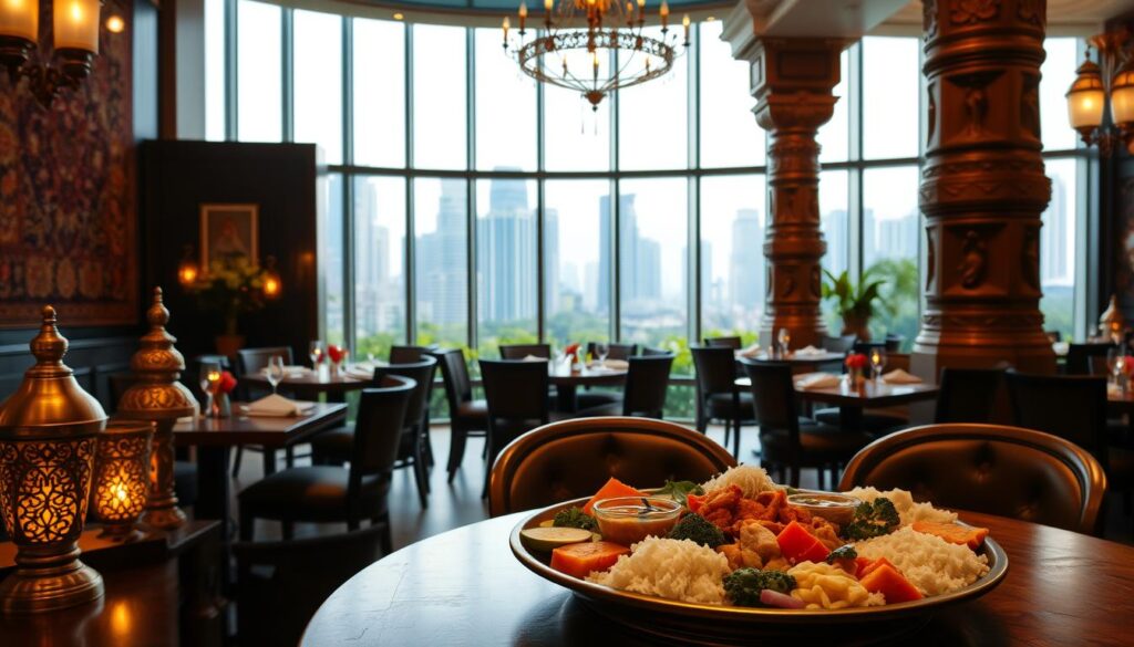 A lavish dining experience at Annalakshmi Restaurant in Singapore, with a warm, inviting atmosphere. The foreground features a beautifully presented vegetarian thali on a wooden table, surrounded by traditional Indian decor elements like brass lamps and ornate tapestries. The middle ground showcases the serene, airy dining space, with intricate carved pillars and large windows allowing natural light to flood in. The background depicts the bustling Singapore cityscape, with skyscrapers and lush greenery visible through the windows, creating a harmonious contrast. The lighting is soft and ambient, evoking a sense of calm and tranquility. The overall mood is one of cultural immersion, where diners can enjoy a delectable, socially conscious meal in a visually captivating setting.