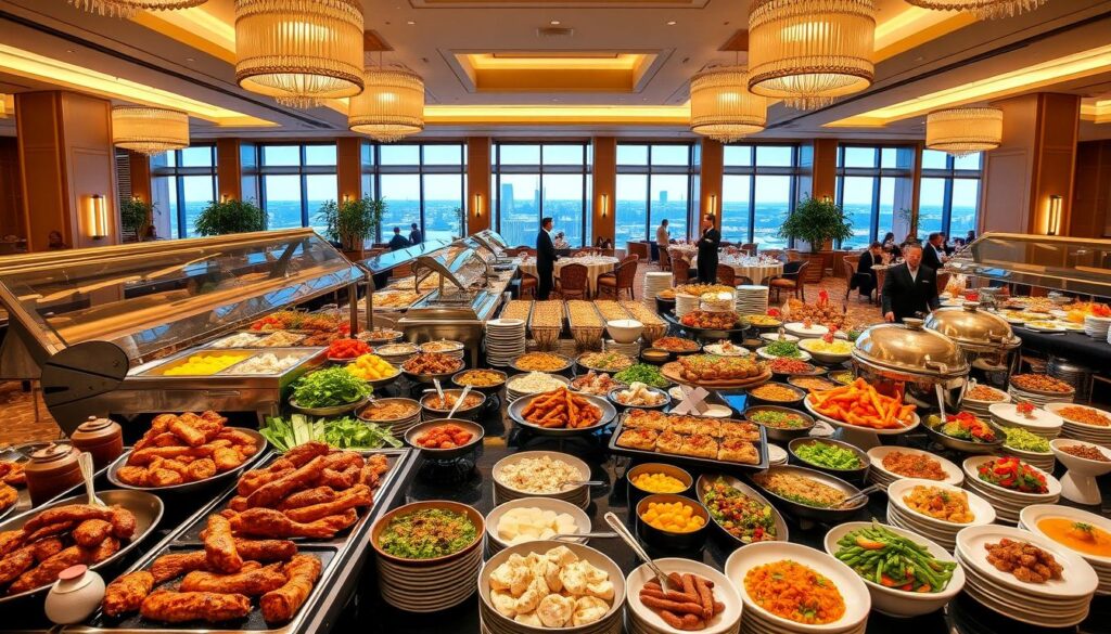 A lavish international buffet spread, set against the elegant backdrop of a luxurious dining hall. In the foreground, an abundance of culinary delights - sizzling roasts, vibrant salads, artfully presented seafood, and decadent desserts. The middle ground features gleaming silver chafing dishes, fragrant spices, and bustling servers attending to every guest. The background showcases a warm, inviting ambiance with high ceilings, plush seating, and floor-to-ceiling windows offering a picturesque view of the city skyline. Soft, golden lighting creates a refined and indulgent atmosphere, perfectly complementing the mouthwatering feast before you. A harmonious blend of flavors, textures, and visual splendor, this is a true culinary experience that tantalizes the senses.