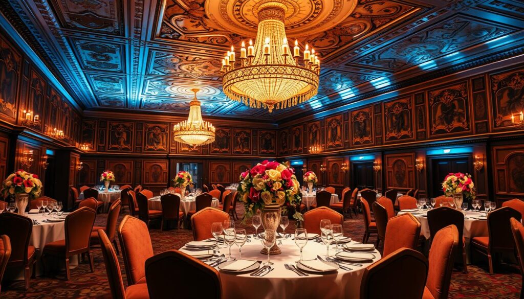 A lavish, ornately decorated dining hall with a themed ambiance. An elaborate chandelier casts a warm, golden glow over the space, illuminating the intricate patterns on the walls and ceiling. Plush, velvet-upholstered chairs surround elegantly set tables, each adorned with fine china, polished silverware, and a centerpiece of cascading flowers. The stage is set for an immersive, memorable dining experience, transporting guests to a different time and place. The atmosphere is one of sophistication and attention to detail, creating the perfect setting for a special themed buffet.