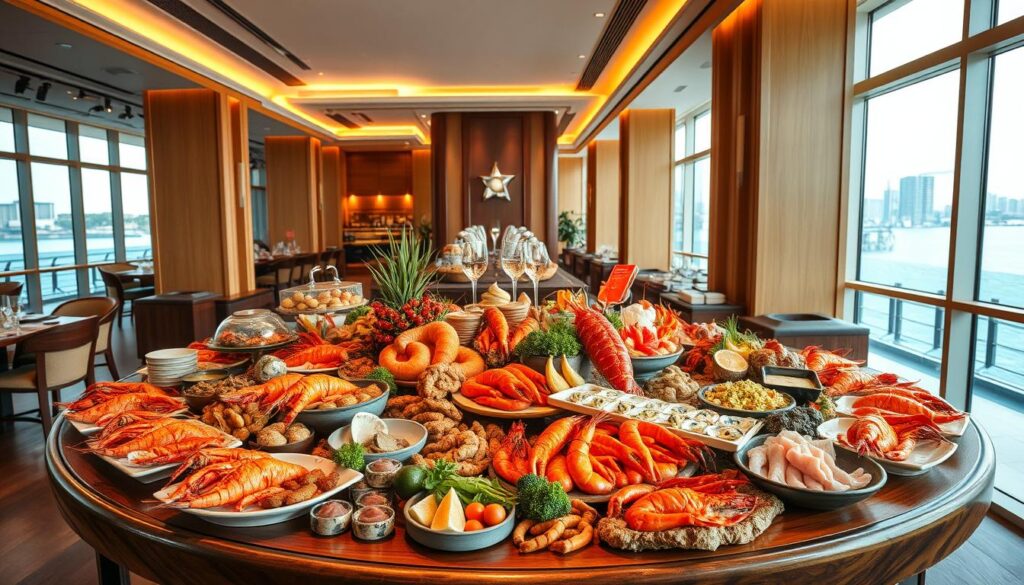 A lavish seafood buffet spread across a grand wooden table, set against a backdrop of a contemporary seaside restaurant interior. The table is laden with a tantalizing array of fresh seafood delicacies, including succulent lobsters, plump shrimp, succulent oysters, and an assortment of sashimi and sushi. The lighting is warm and inviting, casting a soft glow over the scene, while large windows provide a panoramic view of the shimmering Marina Bay. The atmosphere is one of refined elegance and culinary indulgence, perfectly capturing the essence of a seafood extravaganza at AquaMarine, the renowned international buffet destination at the Marina Mandarin hotel in Singapore.