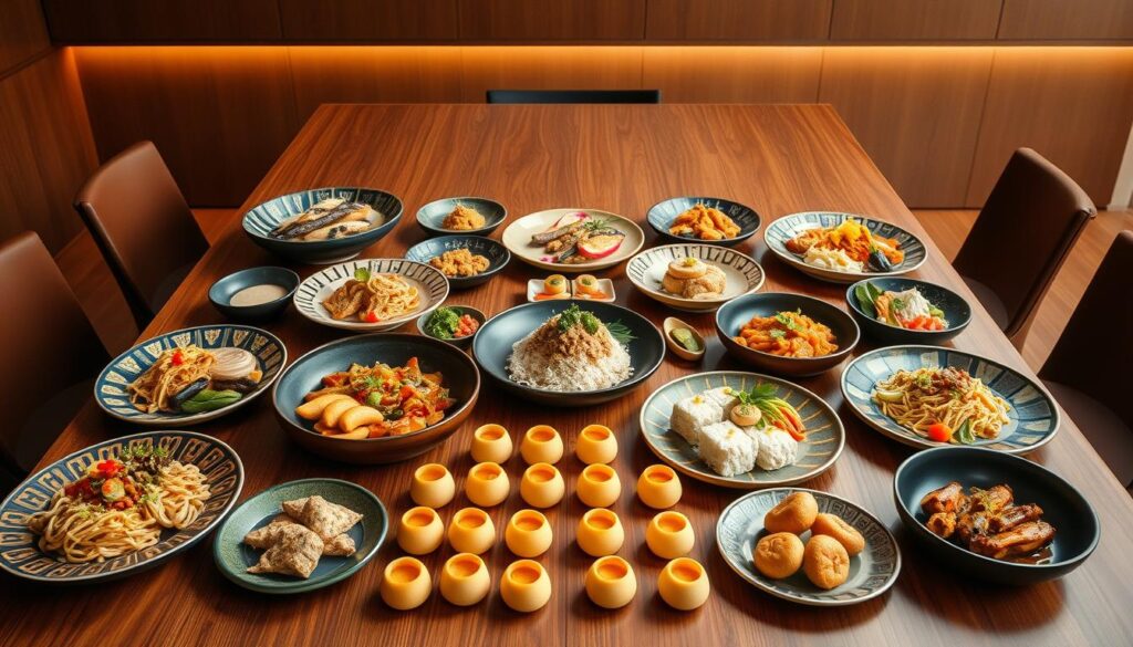 A lavish spread of modern Peranakan dishes, artfully presented on a sleek, minimalist wooden table. In the foreground, a vibrant, colorful array of intricate plates featuring reinvented classics like nyonya mee goreng, ayam buah keluak, and nasi ulam, all with a contemporary twist. The middle ground showcases delicate kueh-kueh, their delicate textures and vibrant hues creating a visually striking display. The background is bathed in soft, warm lighting, highlighting the rich, earthy tones of the table and the dishes, evoking a sense of refined elegance. The overall composition strikes a balance between tradition and modernity, inviting the viewer to indulge in a sophisticated culinary experience.
