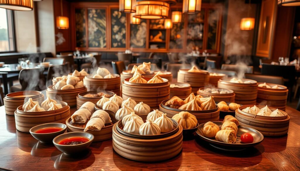 A lavish spread of steaming bamboo baskets, revealing the delicate folds and vibrant hues of Kai Garden's artisanal dim sum delights. Delicate pork buns, translucent shrimp dumplings, and flaky pastries arranged on a polished wooden table, bathed in the warm glow of pendant lighting. The aroma of fragrant sauces and freshly-steamed delicacies fills the air, creating an inviting and authentic Cantonese dining atmosphere within the Marina Square location. A elegant and mouthwatering showcase of Kai Garden's culinary expertise, capturing the essence of their renowned dim sum menu.