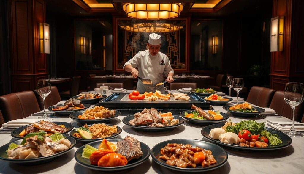 A lavish teppanyaki table set for a special occasion, with a skilled chef skillfully cooking and flipping ingredients on the hot griddle. In the foreground, sizzling meats, seafood, and vegetables are artfully arranged on plates, ready to be savored. The middle ground features the chef's performative flair, creating an immersive culinary theater. The background showcases a refined, elegant dining space with warm lighting, wood accents, and a serene ambiance, inviting guests to indulge in a memorable teppanyaki experience. A lavish teppanyaki table set for a special occasion, with a skilled chef skillfully cooking and flipping ingredients on the hot griddle. In the foreground, sizzling meats, seafood, and vegetables are artfully arranged on plates, ready to be savored. The middle ground features the chef's performative flair, creating an immersive culinary theater. The background showcases a refined, elegant dining space with warm lighting, wood accents, and a serene ambiance, inviting guests to indulge in a memorable teppanyaki experience.