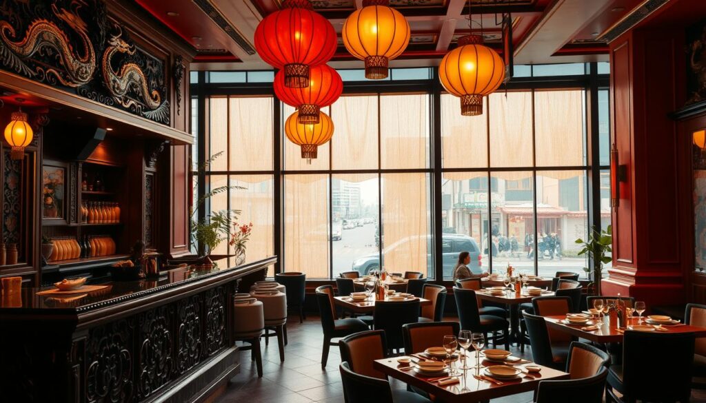 A lively Vietnamese restaurant interior with vibrant red and gold accents. The foreground features a large, ornately carved wooden bar with intricate dragon motifs, surrounded by intimate dining tables set with delicate ceramic dishes. The middle ground showcases a backdrop of traditional lacquered panels and hanging silk lanterns, casting a warm, golden glow throughout the space. In the background, a panoramic window offers a glimpse of bustling city streets, blending the dynamic energy of the urban landscape with the refined elegance of the restaurant. Soft, diffused lighting and a harmonious color palette evoke the authentic ambiance of a classic Vietnamese culinary experience.