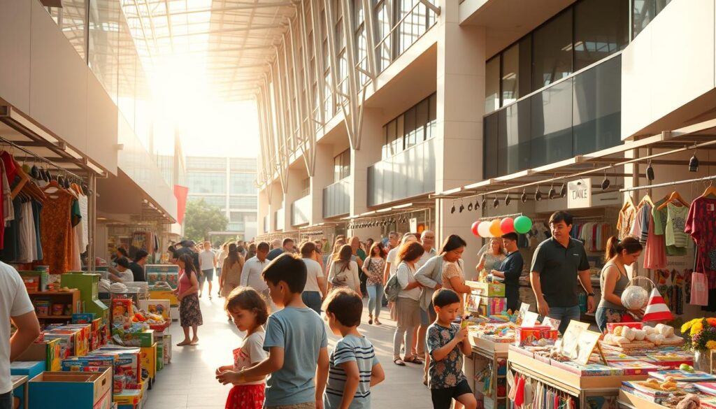 A lively family-friendly shopping scene at the Tanglin Mall Bazaar. In the foreground, a group of children playfully browse colorful stalls selling toys, games, and handicrafts. Warm afternoon sunlight filters through the airy open-air walkways, casting a golden glow over the bustling crowds. In the middle ground, parents and grandparents leisurely peruse an eclectic mix of local artisanal products, from clothing and accessories to homemade snacks and baked goods. The background features the distinctive modern architecture of Tanglin Mall, its glass facades and steel structures creating a sleek, contemporary contrast to the vibrant market atmosphere. The overall mood is one of cheerful community, discovery, and celebration of Singaporean culture and craftsmanship.