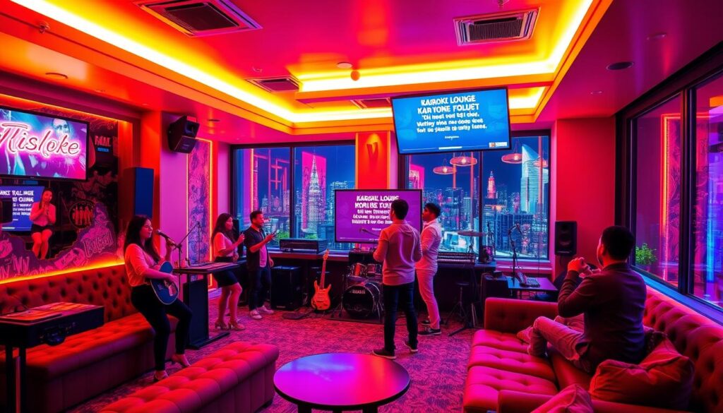 A lively karaoke lounge with vibrant neon-lit decor and themed private rooms. Clients are singing enthusiastically on a well-lit stage, with a large video screen displaying the lyrics. The atmosphere is upbeat and energetic, with colorful lighting effects creating a fun and immersive experience. The room features plush seating, modern sound equipment, and a selection of musical instruments. Large windows offer a cityscape view, adding to the urban, contemporary vibe. Warm, flattering lighting illuminates the scene, creating an inviting and engaging ambiance for an evening of karaoke entertainment.