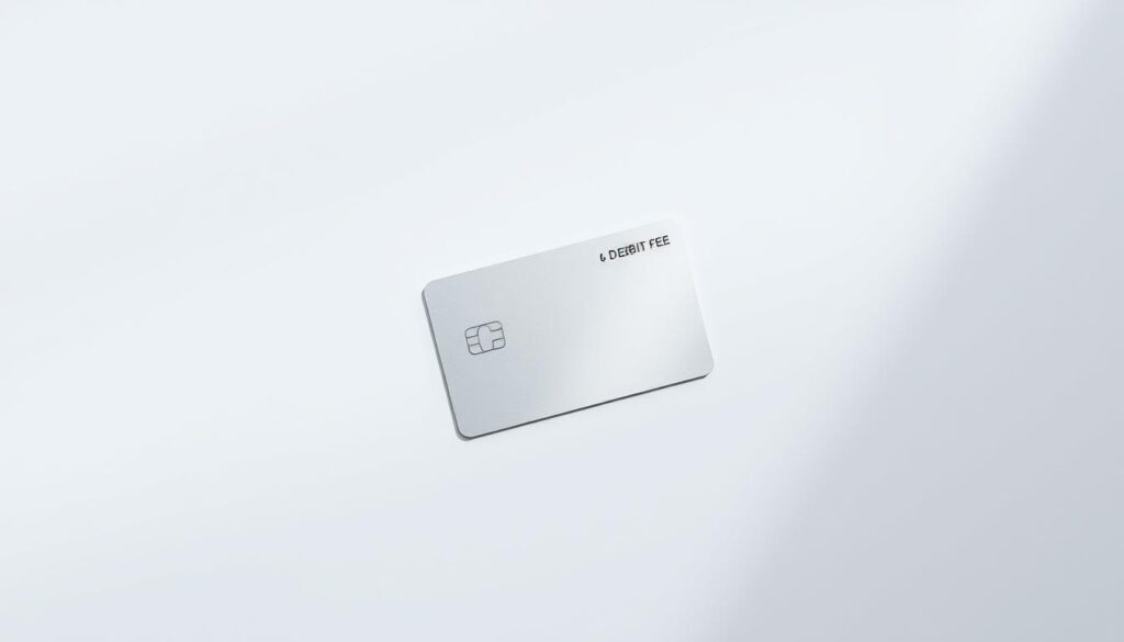 A low-fee debit card resting on a minimalist, clean surface. The card appears sleek and modern, with a subtle metallic finish that reflects the soft, natural lighting from above. The background is a simple, muted color that complements the card's design, creating a sense of elegance and refinement. The composition is well-balanced, with the card positioned off-center to draw the viewer's attention. The overall mood is one of sophistication and practicality, conveying the idea of a high-quality, low-cost financial tool.