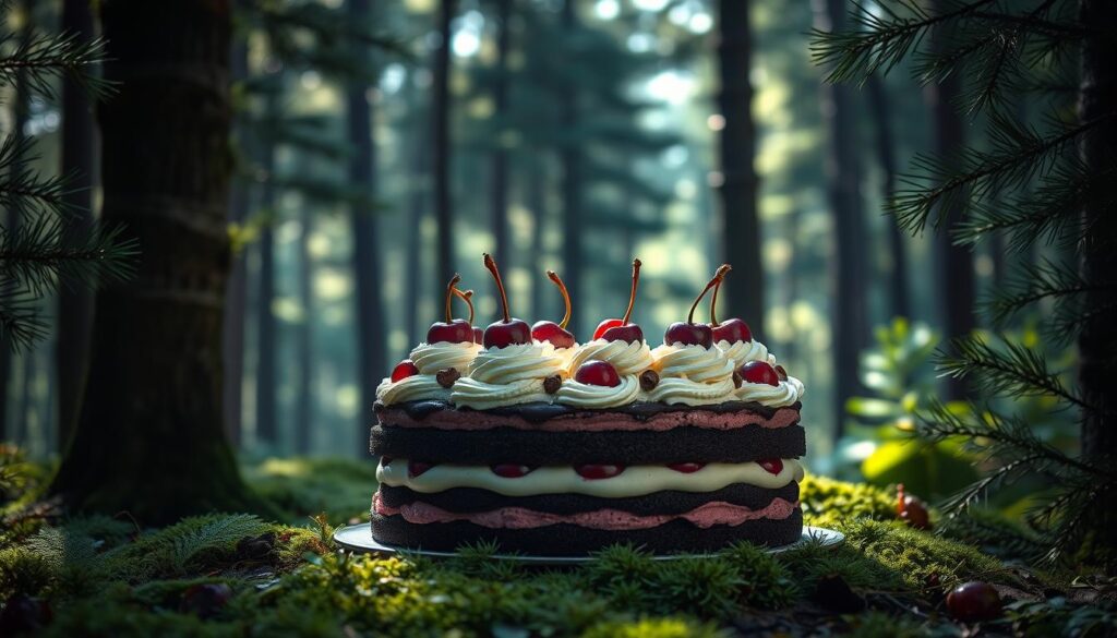 A luscious violet-hued black forest cake nestled amidst a lush, verdant forest backdrop. The cake, a masterpiece of layered chocolate sponge, rich cream, and tart cherries, is illuminated by soft, natural lighting filtering through the canopy of towering pine trees. The forest floor is carpeted with a blanket of moss and ferns, creating a serene and intimate atmosphere. Intricate patterns of light and shadow dance across the surface of the cake, highlighting its elegant simplicity and timeless appeal. This image captures the essence of Violet Oon's signature black forest cake - a timeless recipe that elevates the beloved dessert to new heights, perfect for any celebratory occasion.