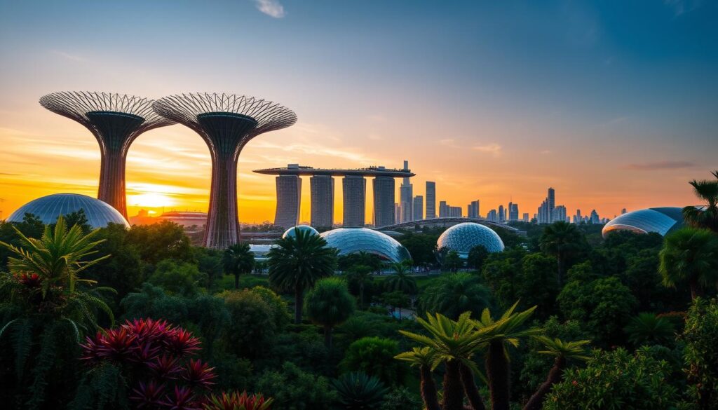 A lush, futuristic oasis unfolds before us, the towering Supertree Grove silhouetted against a warm, golden-hour sky. In the foreground, meticulously manicured gardens burst with vibrant, otherworldly flora, their vibrant hues accentuated by soft, diffused lighting. The middle ground features the iconic Flower Dome and Cloud Forest, their glass enclosures reflecting the surrounding greenery in a mesmerizing play of light and shadow. In the distance, the Singapore skyline rises, a testament to the city's blend of nature and modernity. The scene exudes a sense of tranquility and wonder, inviting the viewer to immerse themselves in this unique, captivating landscape.