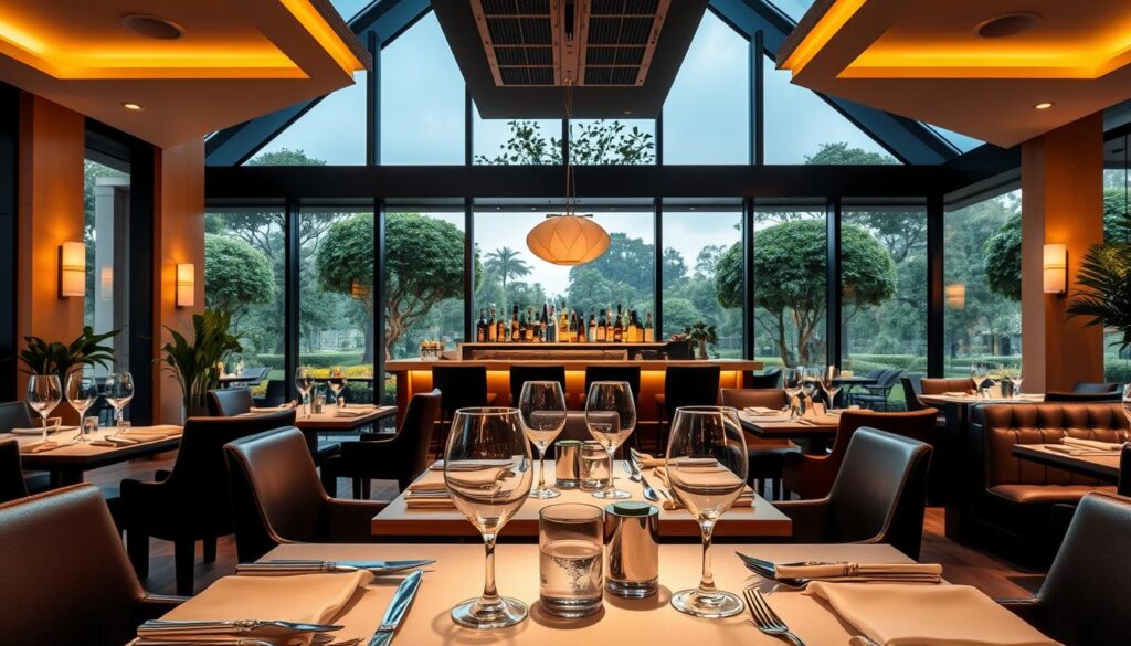 A lush, modern steakhouse interior with a refined, elegant atmosphere. The foreground features a beautifully set table with fine china, crystal glassware, and polished silverware. The middle ground showcases a sleek, minimalist bar area with bottle displays and comfortable leather seating. The background depicts floor-to-ceiling windows offering a panoramic view of a serene garden landscape, bathed in warm, soft lighting. The overall scene conveys a sense of sophisticated dining experience, where attention to detail and timeless design create an inviting, upscale ambiance.