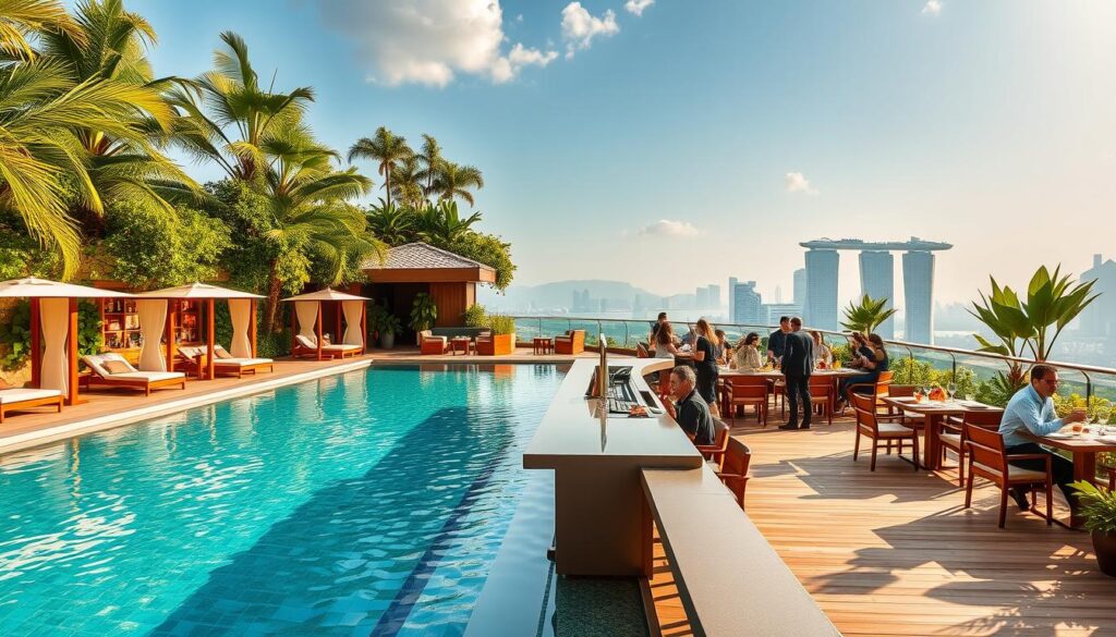 A lush rooftop oasis, the Verandah Pool Bar & Grill is a shimmering mirage of azure waters and verdant foliage. Sunlight dances across the shimmering surface of the infinity pool, casting a warm glow on the chic cabanas and teak furniture that dot the terrace. In the center, a sleek bar beckons, its gleaming countertop and backlit shelves of premium spirits creating an alluring focal point. Diners savor inventive cocktails and gourmet fare, surrounded by panoramic views of the glittering Singapore skyline. The scene is infused with a sense of sophisticated relaxation, where the stresses of the city melt away beneath the tranquil canopy of tropical plants and the gentle hum of conversation.