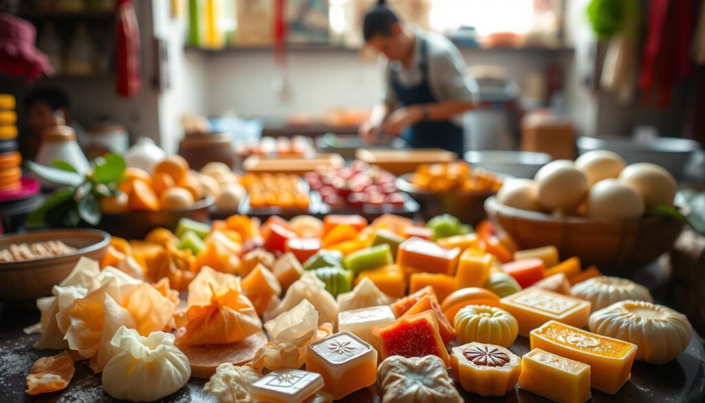 A lush table filled with a vibrant array of traditional Teochew kueh varieties. In the foreground, an assortment of delicate, bite-sized treats, each with its distinct shape and translucent hue - from the delicate soon kueh with its silky skin, to the plump and tender ngo hiang. In the middle ground, a selection of vibrant, colorful kueh, including the iconic ang ku kueh with its glossy, mottled skin and rich, sweet filling. In the background, a softly-lit kitchen scene, with the skilled hands of a Teochew master crafting these beloved delicacies. The overall scene is bathed in a warm, natural light, capturing the authentic, artisanal nature of this culinary heritage.