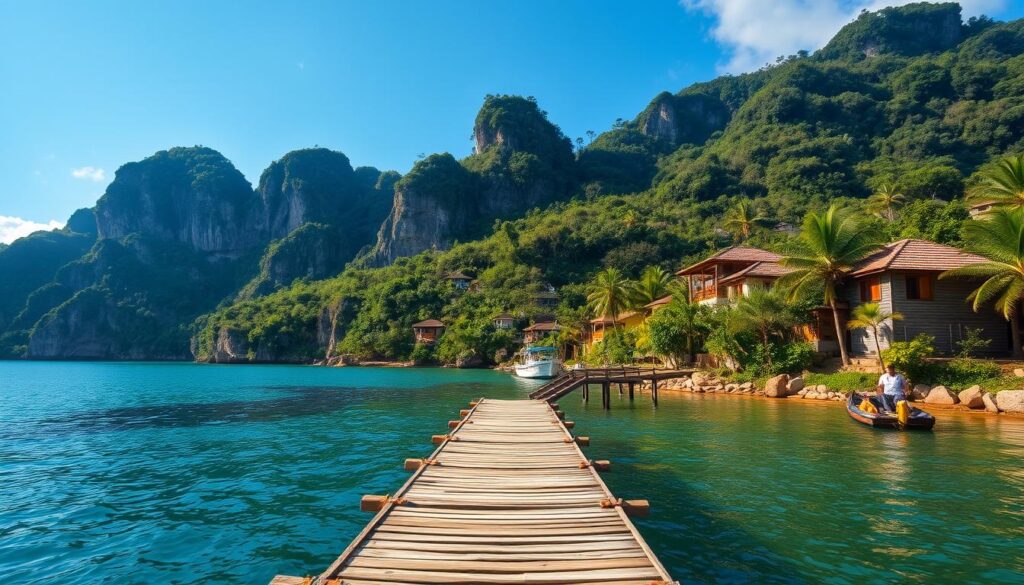 A lush, verdant island landscape with towering granite cliffs rising from the azure waters of the Singapore Strait. In the foreground, a weathered wooden jetty stretches out into a tranquil cove, its planks bathed in warm, golden sunlight. Clusters of traditional village houses with tiled roofs and wooden shutters dot the rolling hills, blending seamlessly with the surrounding nature. In the distance, dense tropical foliage cloaks the interior of the island, hinting at the rustic trails and hidden treasures that await the intrepid explorer. The scene is imbued with a sense of timelessness, a glimpse into Singapore's past when the rhythms of life were more closely tied to the land and sea.