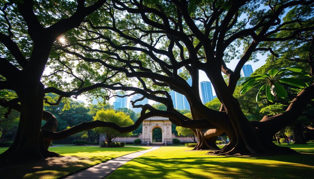 A lush, verdant landscape of Fort Canning Park, a historical landmark in Singapore. In the foreground, a majestic, centuries-old banyan tree casts its sprawling, intricate roots over the well-trodden paths. Sunlight filters through the canopy, creating a warm, dappled glow. In the middle ground, the iconic Fort Canning Gate stands proud, a testament to the park's rich history. Beyond, the towering skyscrapers of Singapore's modern skyline rise in the distance, creating a captivating contrast between the old and the new. The atmosphere is one of tranquility and contemplation, inviting visitors to explore the park's many historical sites and soak in the stories of the past.