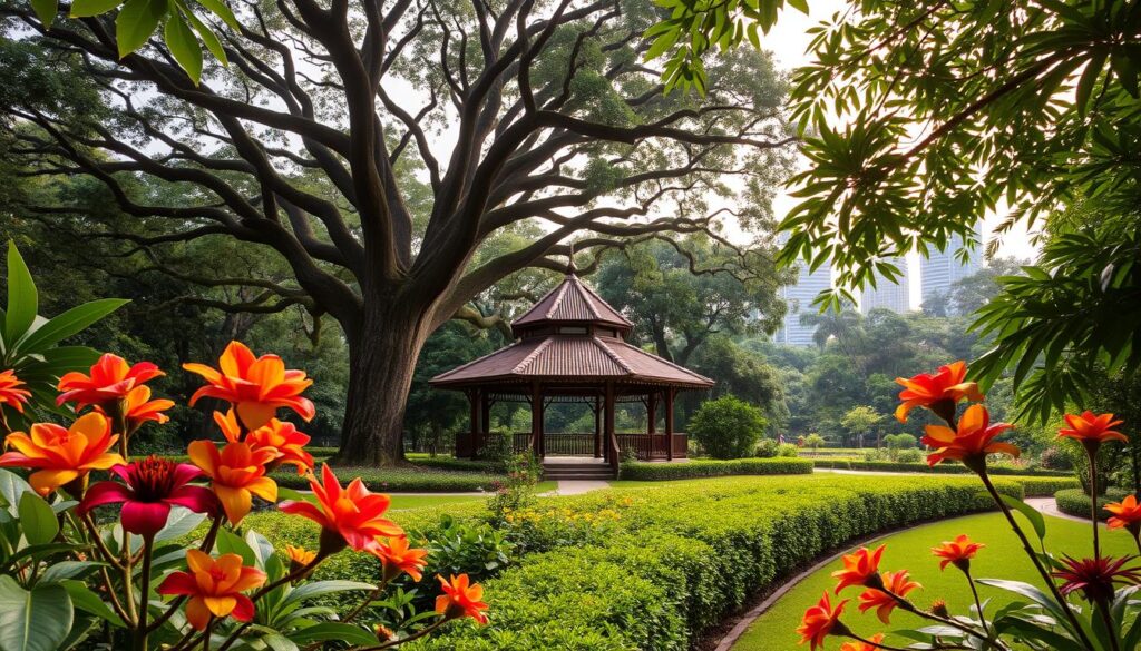 A lush, verdant oasis in the heart of the city, the Singapore Botanic Gardens showcase a stunning array of tropical flora. In the foreground, vibrant blooms in shades of red, yellow, and purple dot the well-manicured paths, inviting visitors to explore. The middle ground features the iconic Bandstand, its distinctive architecture framed by the towering canopy of ancient rain trees. In the background, the verdant greenery of the gardens stretches out, punctuated by the modern skyscrapers of the city skyline. Soft, warm lighting filters through the leaves, creating a serene and picturesque atmosphere. Captured with a wide-angle lens to showcase the expansive beauty of the gardens, this image beautifully encapsulates the tranquility and natural splendor of this Singapore landmark.