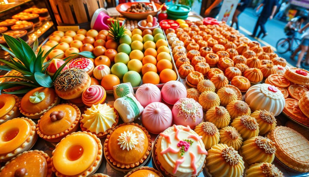 A lush, vibrant display of Singaporean desserts, captured in a stunning overhead shot. In the foreground, an assortment of colorful, meticulously crafted treats - from flaky pineapple tarts to creamy pandan chiffon cakes, each a masterpiece of local flavors. The middle ground showcases a variety of traditional kueh, their intricate patterns and textures shimmering under warm, natural lighting. In the background, a glimpse of the bustling streets of Singapore, hinting at the city's vibrant culinary scene. The image exudes a sense of indulgence, cultural authenticity, and the perfect balance of sweet and savory that defines the best lunch spots for dessert lovers in Singapore.