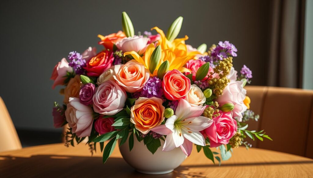 A lush, vibrant floral arrangement captured in a warm, natural light. An assortment of colorful blooms, including roses, peonies, and lilies, elegantly arranged in a minimalist, modern vase. The flowers are meticulously styled, their petals delicately overlapping and curving to create a sense of movement and depth. The composition is balanced, with the main focal point being the arrangement itself, surrounded by a softly blurred background that complements the scene. The overall mood is one of refined elegance and understated sophistication, perfect for showcasing the skills of Singapore's top florists.