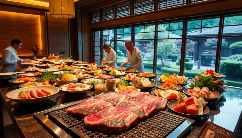 A luxurious Japanese buffet table, illuminated by warm, soft lighting that casts a golden glow across the meticulously arranged dishes. In the foreground, a selection of premium wagyu beef sizzles on a grill, its marbled texture glistening. Surrounding the grill, an array of sushi, sashimi, and other traditional Japanese delicacies are presented with care, their vibrant colors and intricate garnishes inviting the senses. In the middle ground, servers in crisp, white uniforms gracefully replenish the platters, ensuring a seamless dining experience. In the background, a serene Japanese garden can be seen through large, floor-to-ceiling windows, adding to the tranquil ambiance of the scene.