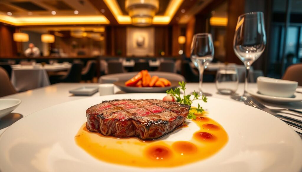 A luxurious Wagyu dining experience in Singapore, captured in a meticulously crafted image. The foreground features a succulent Wagyu steak, seared to perfection, nestled on a pristine white plate. Surrounding it, an artful arrangement of delicate garnishes and sauces, each element thoughtfully placed to complement the flavor profile. In the middle ground, the table setting exudes an air of refined elegance, with sleek, modern tableware and a minimalist, Japanese-inspired design. The background showcases the serene ambiance of the dining establishment, with soft, warm lighting illuminating the space and creating a cozy, intimate atmosphere. The scene is captured through a medium-wide angle lens, emphasizing the attention to detail and the overall immersive dining experience.