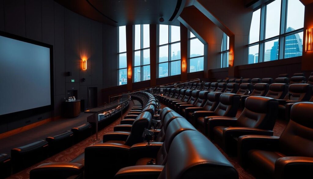 A luxurious cinema interior with plush leather recliner seats, dimly lit by soft ambient lighting. In the foreground, a large silver screen dominates the scene, its surface shimmering with a high-definition image. The middle ground features a sleek, modern concession stand with a selection of gourmet snacks and beverages. Lining the walls, elegant sconces cast a warm, golden glow, creating a cozy and inviting atmosphere. The background showcases the cinema's architectural grandeur, with high ceilings, dramatic angles, and floor-to-ceiling windows offering a panoramic view of the bustling city outside. This premium cinema experience in Singapore epitomizes comfort, style, and cinematic excellence.