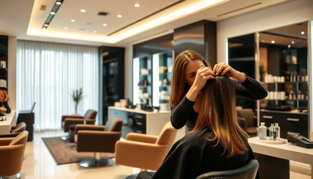 A luxurious hair salon, showcasing a stylish, modern interior with sleek furniture and minimalist decor. In the foreground, a skilled hairstylist deftly works on a client's hair, their skilled hands shaping and sculpting a customized, high-fashion look. In the middle ground, various hair products and tools are neatly displayed, hinting at the salon's expertise in hair solutions. The lighting is soft and warm, creating a calming, professional atmosphere. The overall scene conveys a sense of expertise, elegance, and a commitment to personalized hair care.
