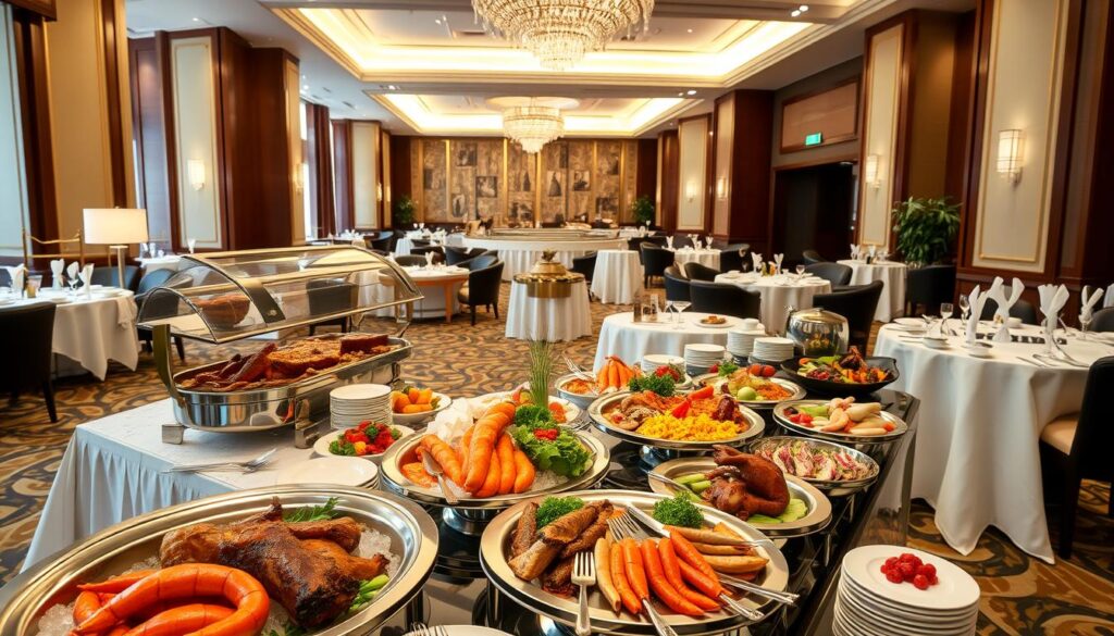 A luxurious hotel buffet spread with an array of delectable dishes and a sophisticated ambiance. In the foreground, a bountiful selection of international cuisine is artfully presented on gleaming silver platters, including sizzling roast meats, fresh seafood on ice, and an abundance of colorful salads and side dishes. The middle ground features elegant white tablecloths, polished cutlery, and neatly folded napkins, creating an inviting and upscale setting. In the background, a warm, soft lighting illuminates the scene, casting a cozy and welcoming glow over the entire space. The atmosphere is one of refined opulence, perfect for a memorable dining experience.
