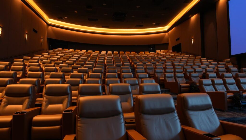 A luxurious movie theater in Singapore, with plush, ergonomic cinema seats arranged in a grand, amphitheater-like layout. The seats are upholstered in rich, premium leather, with ample legroom and recline. Soft, ambient lighting casts a warm, inviting glow, creating a cozy, intimate atmosphere. The seating area is elevated, providing an unobstructed view of the large, state-of-the-art projection screen. The theater's sleek, modern architecture features clean lines and sophisticated design elements, reflecting Singapore's reputation for high-end, world-class experiences.